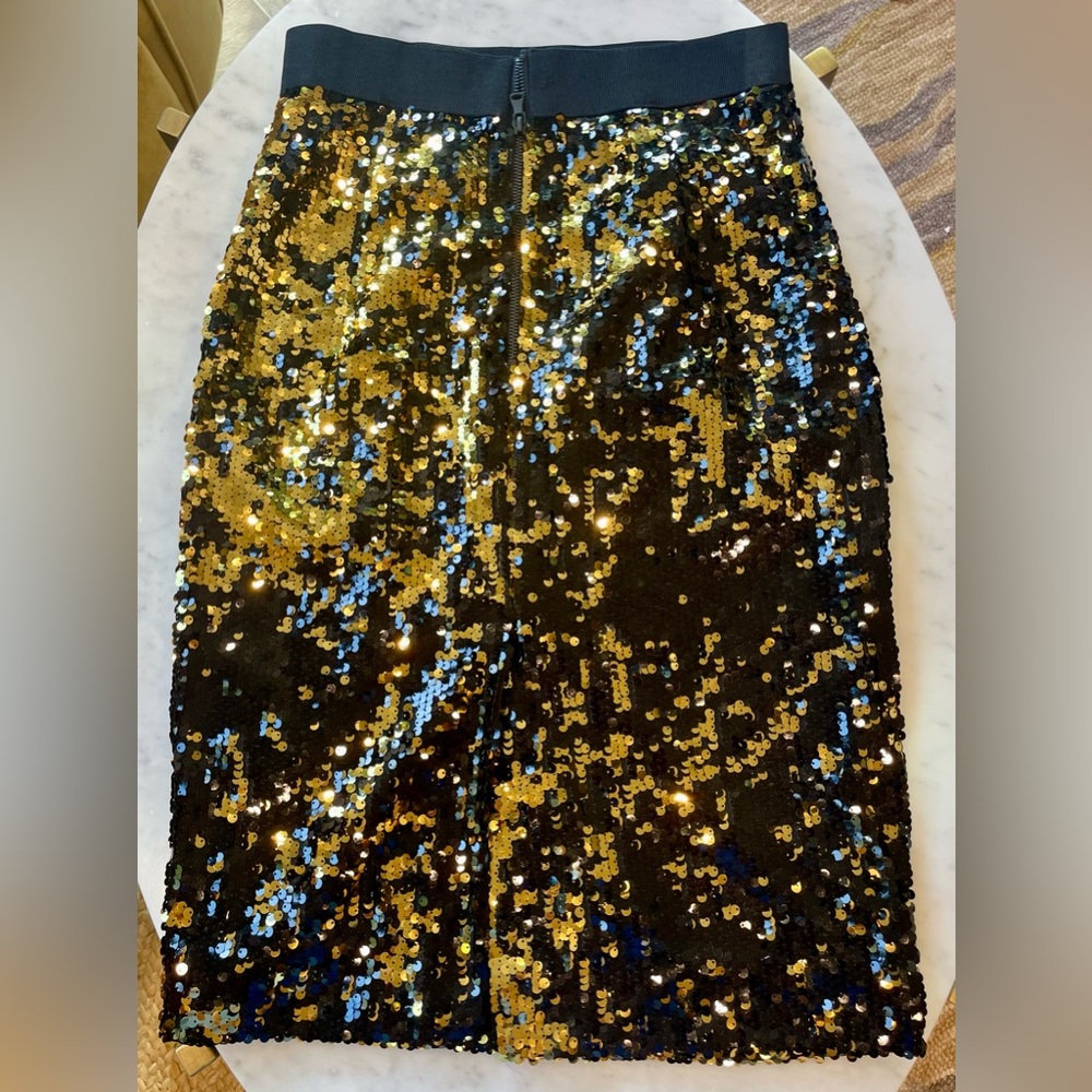 Milly Sequin Midi Skirt, stretch w/ waist band, zip, EUC, black/gold, sz8 - Picture 8 of 11